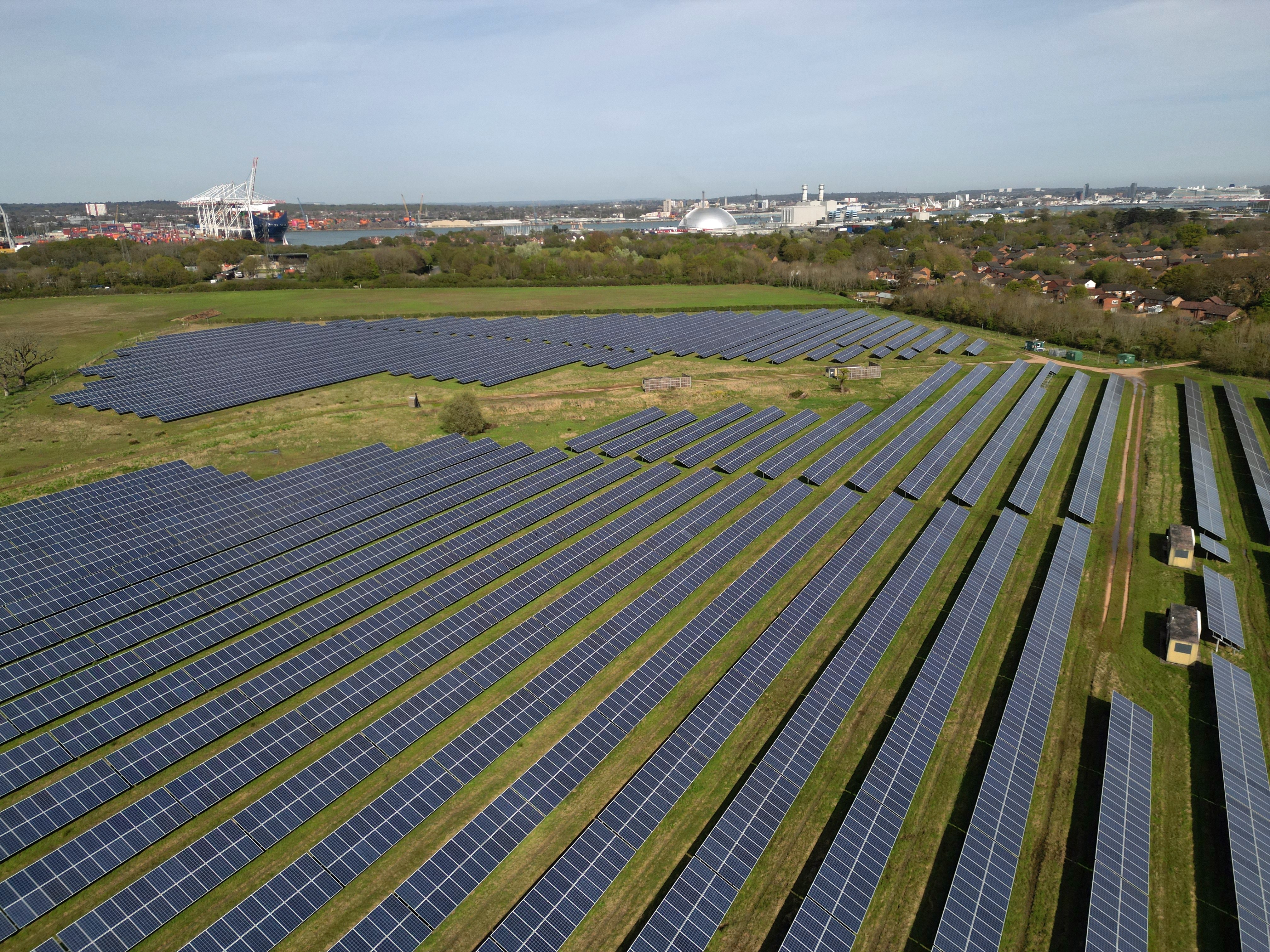 Low altitude aerial view of Solar Farm in Marchwood, Hampshire.